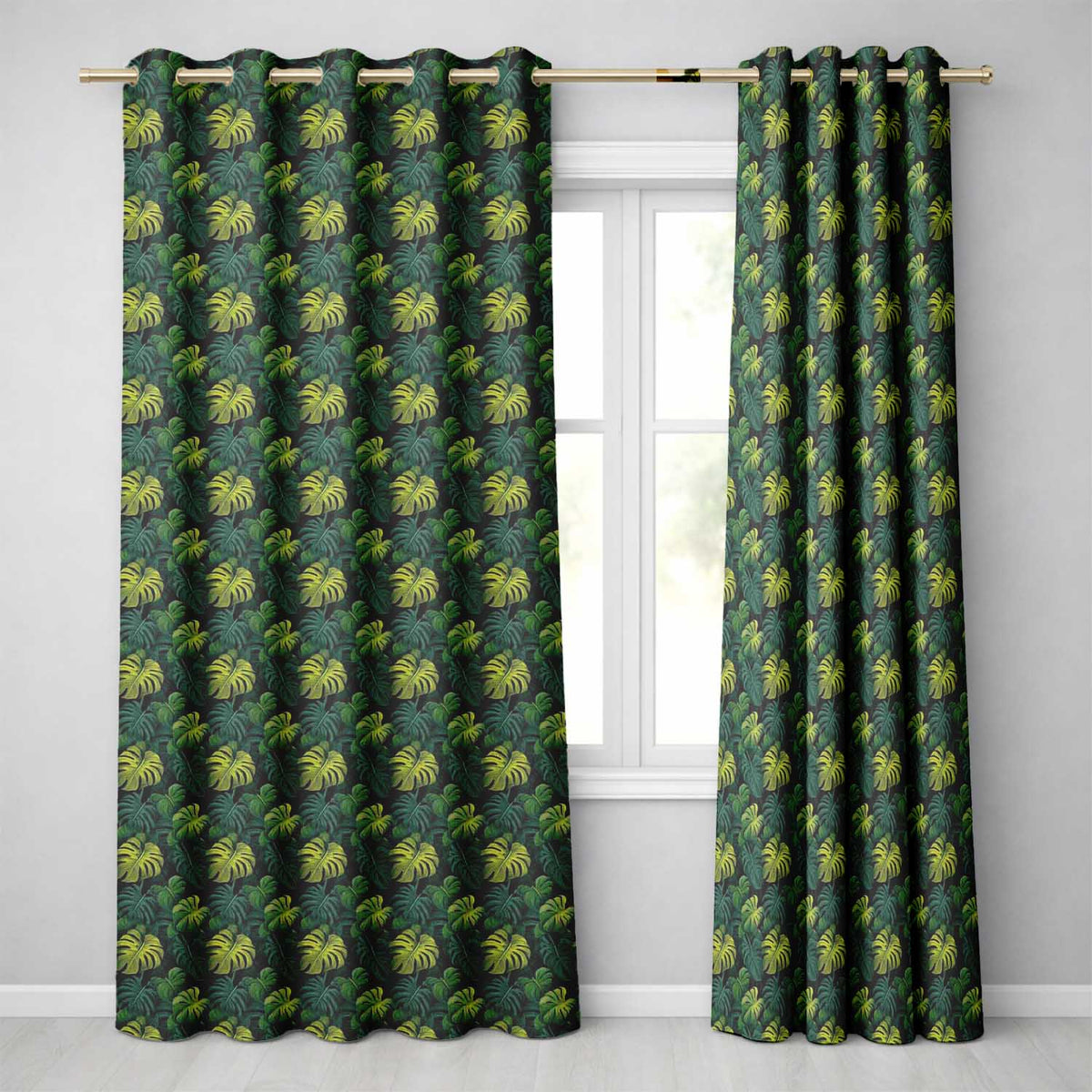 Dark Tropical Monstera Leaves with Yellow Highlights Seamless Pattern Readymade Eyelet Ring Top Thermal 100% Blackout Curtains