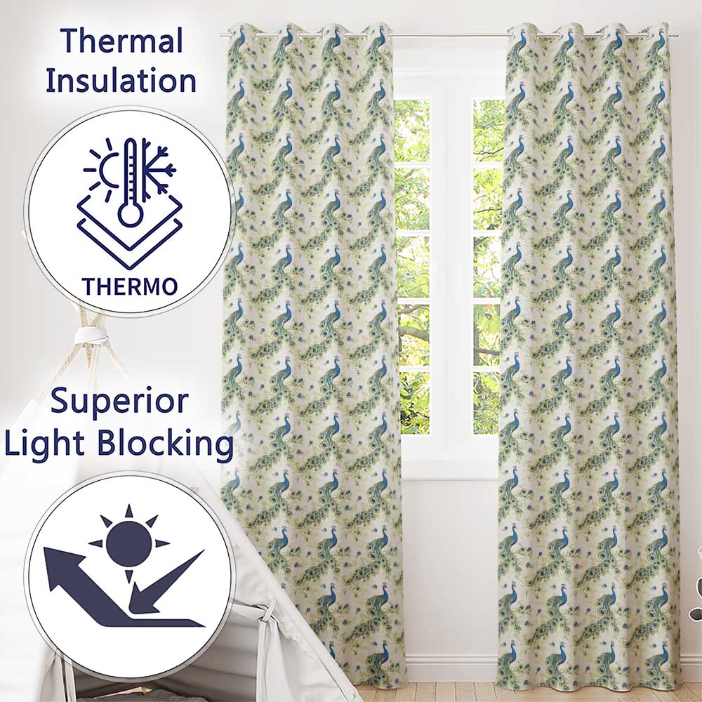 Vintage Peacock Birds with Floral Garden Background Seamless Pattern Readymade Eyelet Ring Top Thermal 100% Blackout Curtains