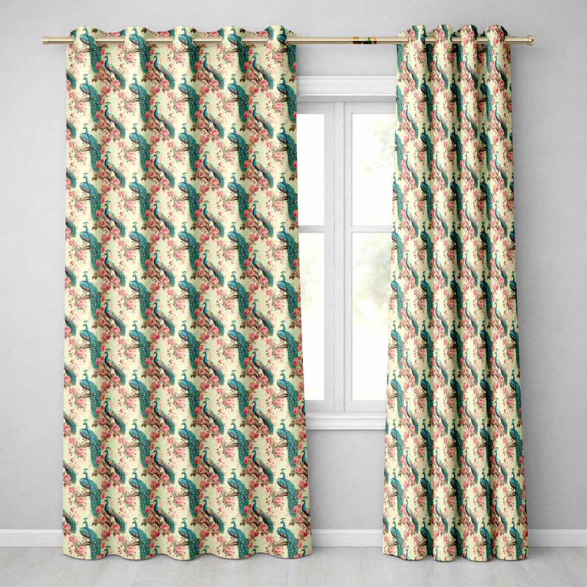 Vintage Peacock Birds with Pink Floral Garden Seamless Pattern Readymade Eyelet Ring Top Thermal 100% Blackout Curtains