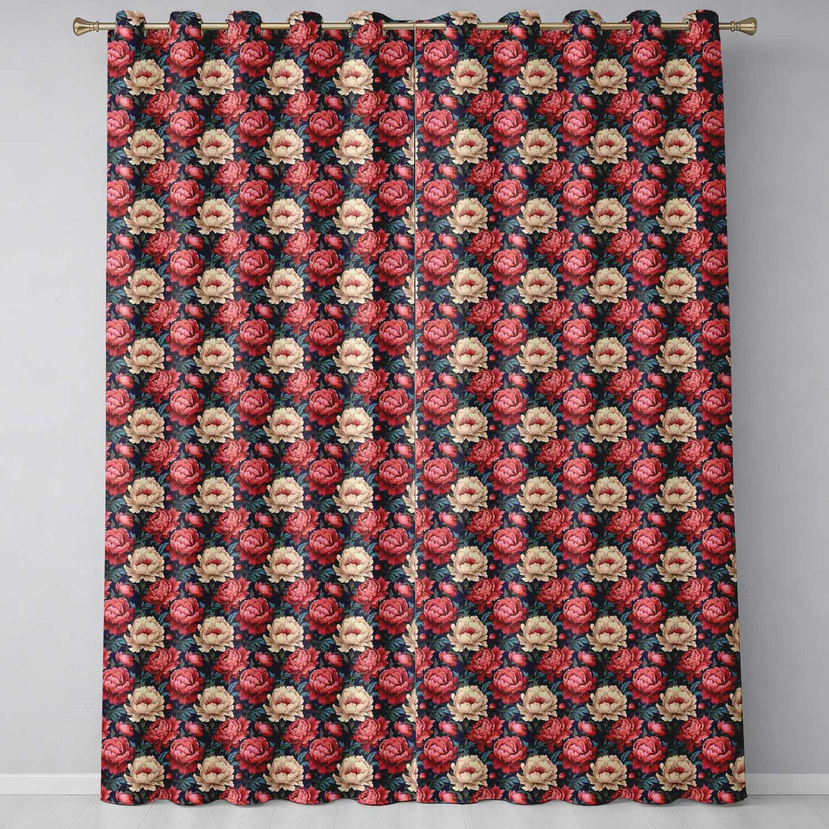 Rich Red and Cream Peony Flowers on Dark Navy Background Seamless Pattern Readymade Eyelet Ring Top Thermal 100% Blackout Curtains