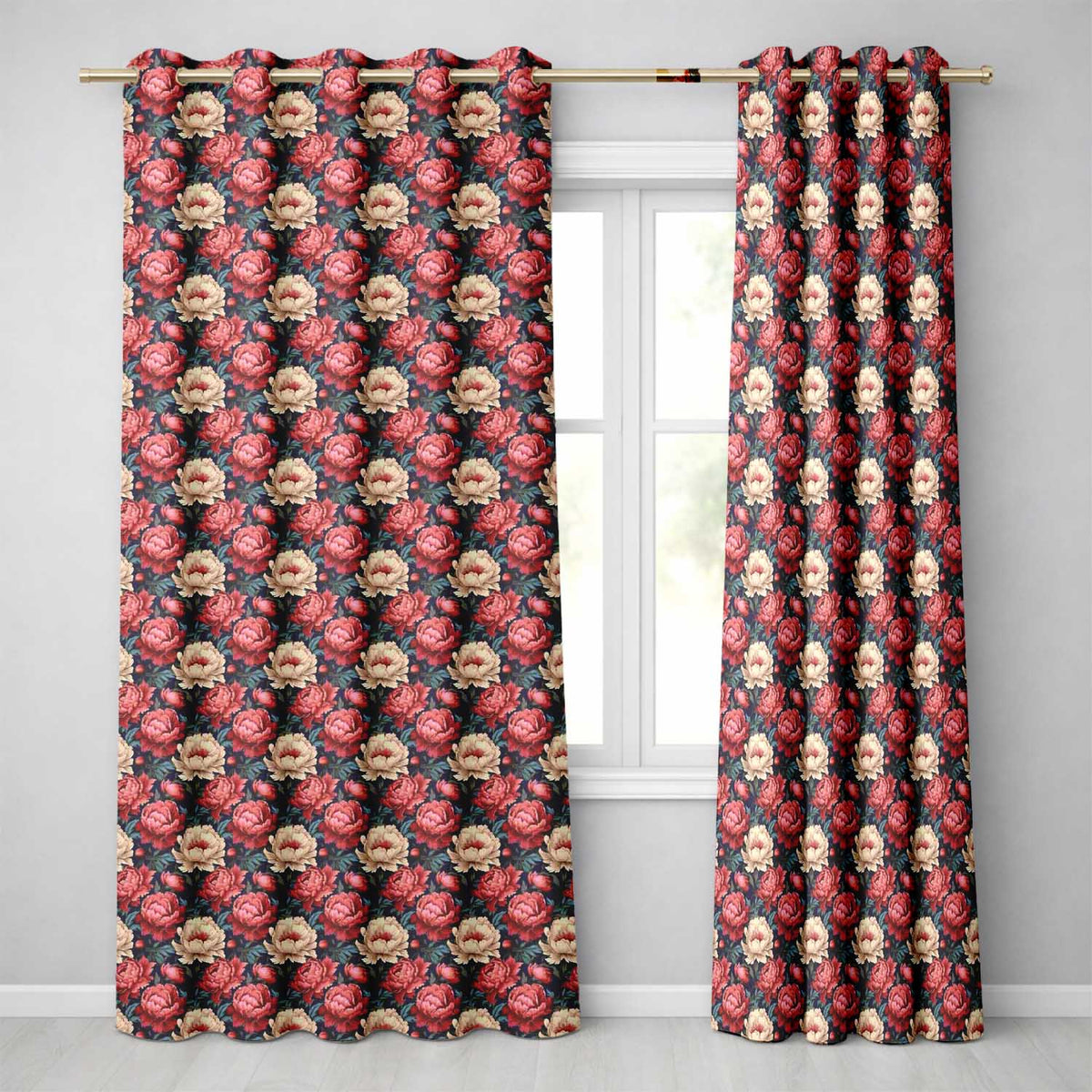 Rich Red and Cream Peony Flowers on Dark Navy Background Seamless Pattern Readymade Eyelet Ring Top Thermal 100% Blackout Curtains