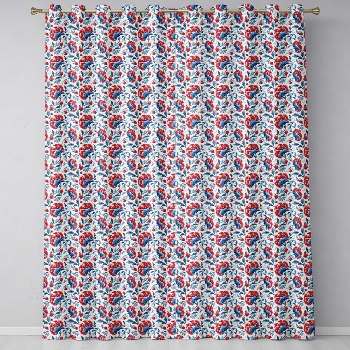 Vintage Red and Blue Floral Blossom with Soft Beige Background Seamless Pattern Readymade Eyelet Ring Top Thermal 100% Blackout Curtains