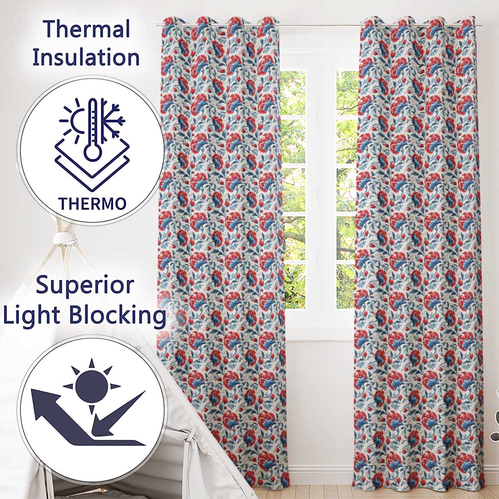 Vintage Red and Blue Floral Blossom with Soft Beige Background Seamless Pattern Readymade Eyelet Ring Top Thermal 100% Blackout Curtains