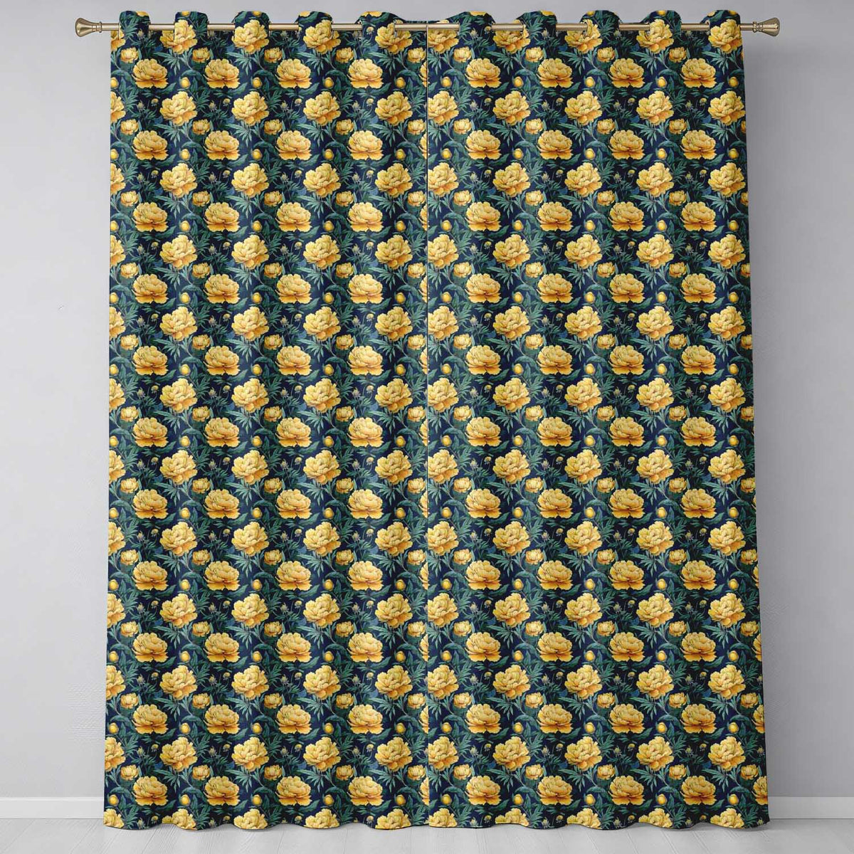 Golden Yellow Peony Flowers on Deep Blue Background Seamless Pattern Readymade Eyelet Ring Top Thermal 100% Blackout Curtains