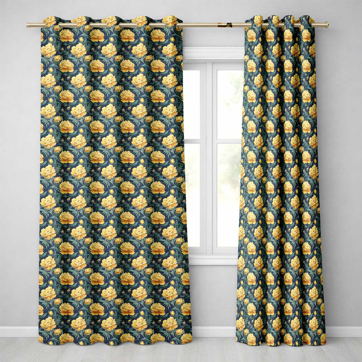 Golden Yellow Peony Flowers on Deep Blue Background Seamless Pattern Readymade Eyelet Ring Top Thermal 100% Blackout Curtains