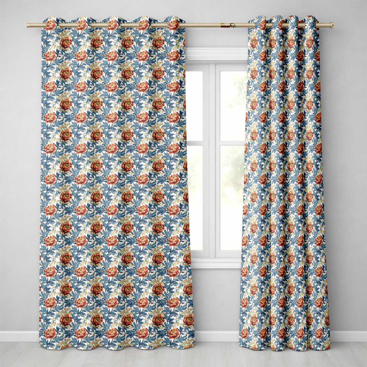 Red Floral Blossoms with Blue Leaves Vintage Style Seamless Pattern Readymade Eyelet Ring Top Thermal 100% Blackout Curtains
