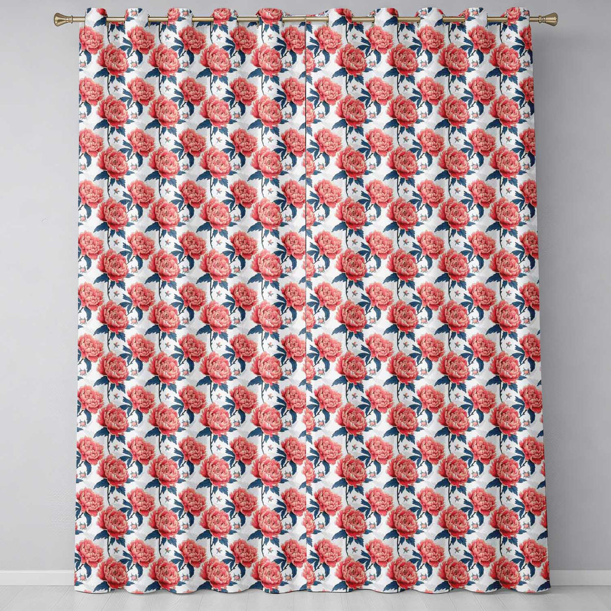 Elegant Coral Peony Flowers with Blue Leaves Soft Beige Seamless Pattern Readymade Eyelet Ring Top Thermal 100% Blackout Curtains