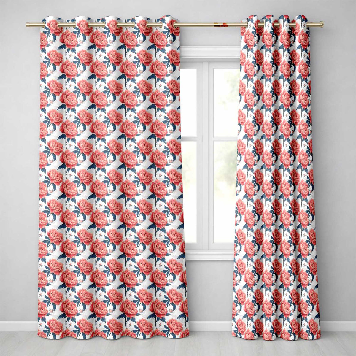 Elegant Coral Peony Flowers with Blue Leaves Soft Beige Seamless Pattern Readymade Eyelet Ring Top Thermal 100% Blackout Curtains