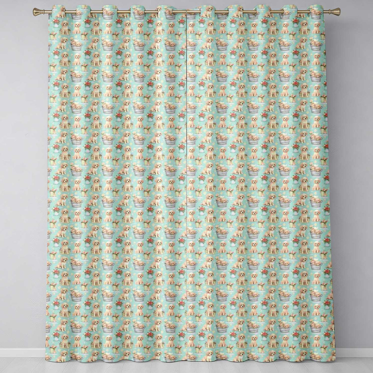Cute Golden Retriever Puppies with Vintage Buckets Seamless Pattern Readymade Eyelet Ring Top Thermal 100% Blackout Curtains