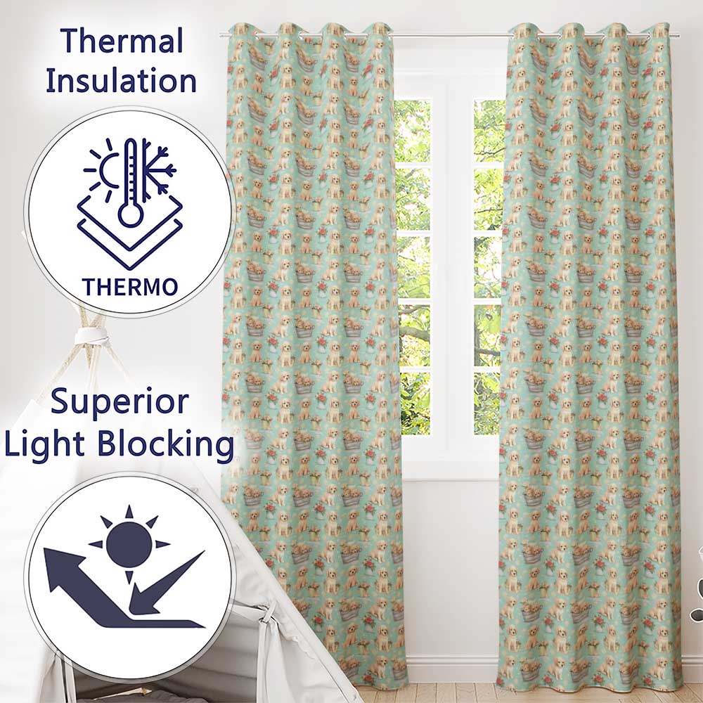 Cute Golden Retriever Puppies with Vintage Buckets Seamless Pattern Readymade Eyelet Ring Top Thermal 100% Blackout Curtains