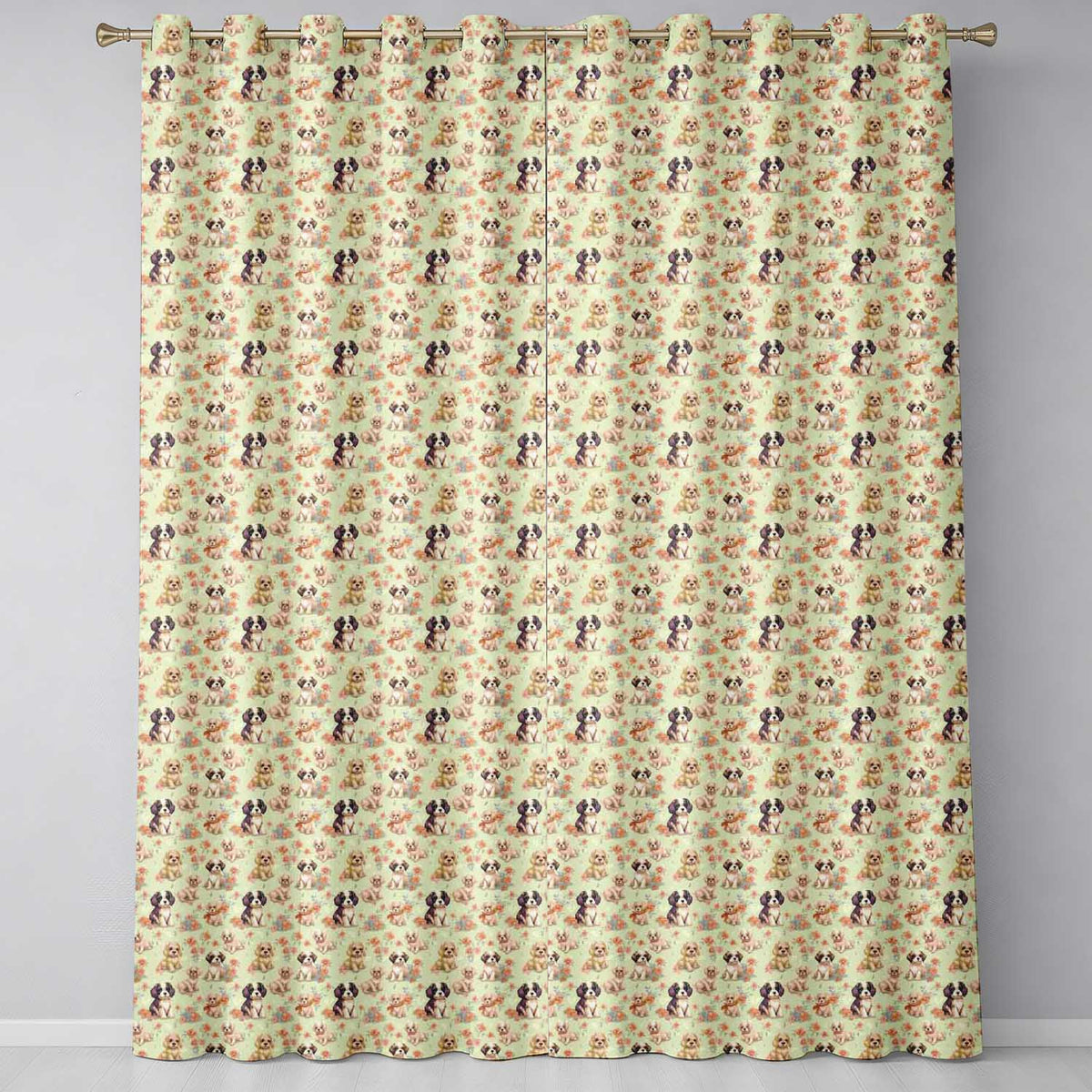 Cute Mixed Breed Puppies with Floral Accents Beige Seamless Pattern Readymade Eyelet Ring Top Thermal 100% Blackout Curtains