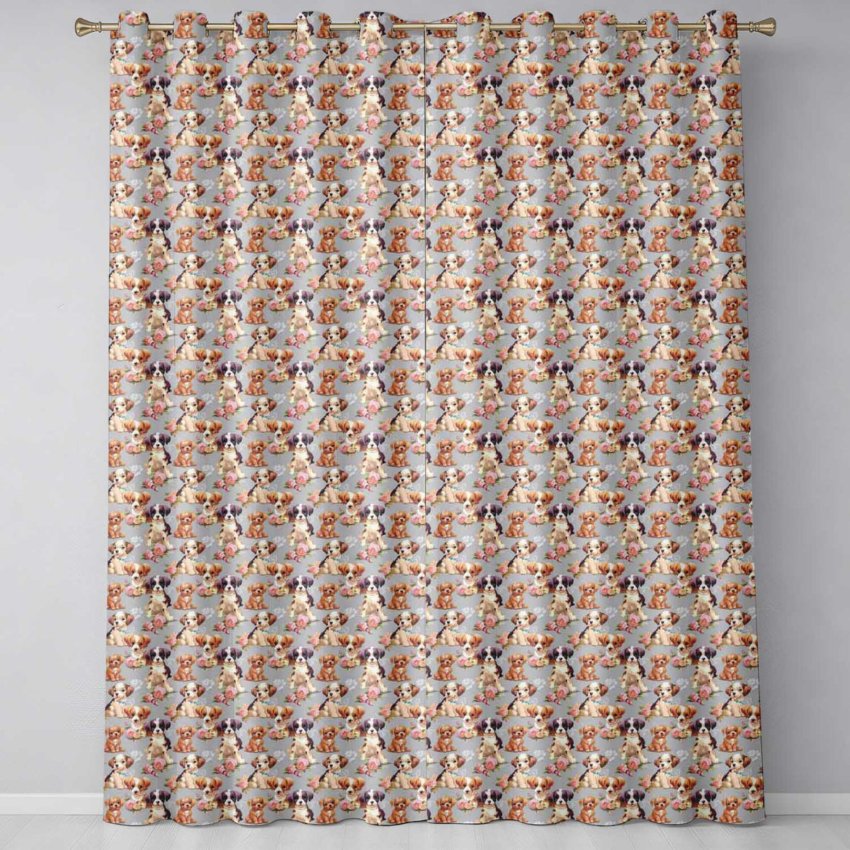Adorable Cartoon Puppies with Pink Roses Blue Background Seamless Pattern Readymade Eyelet Ring Top Thermal 100% Blackout Curtains