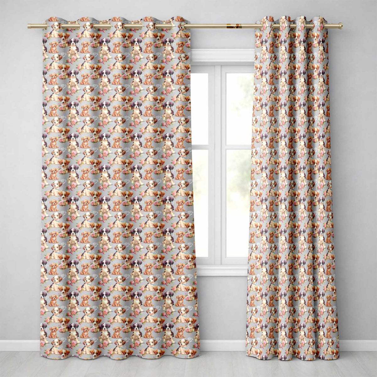 Adorable Cartoon Puppies with Pink Roses Blue Background Seamless Pattern Readymade Eyelet Ring Top Thermal 100% Blackout Curtains