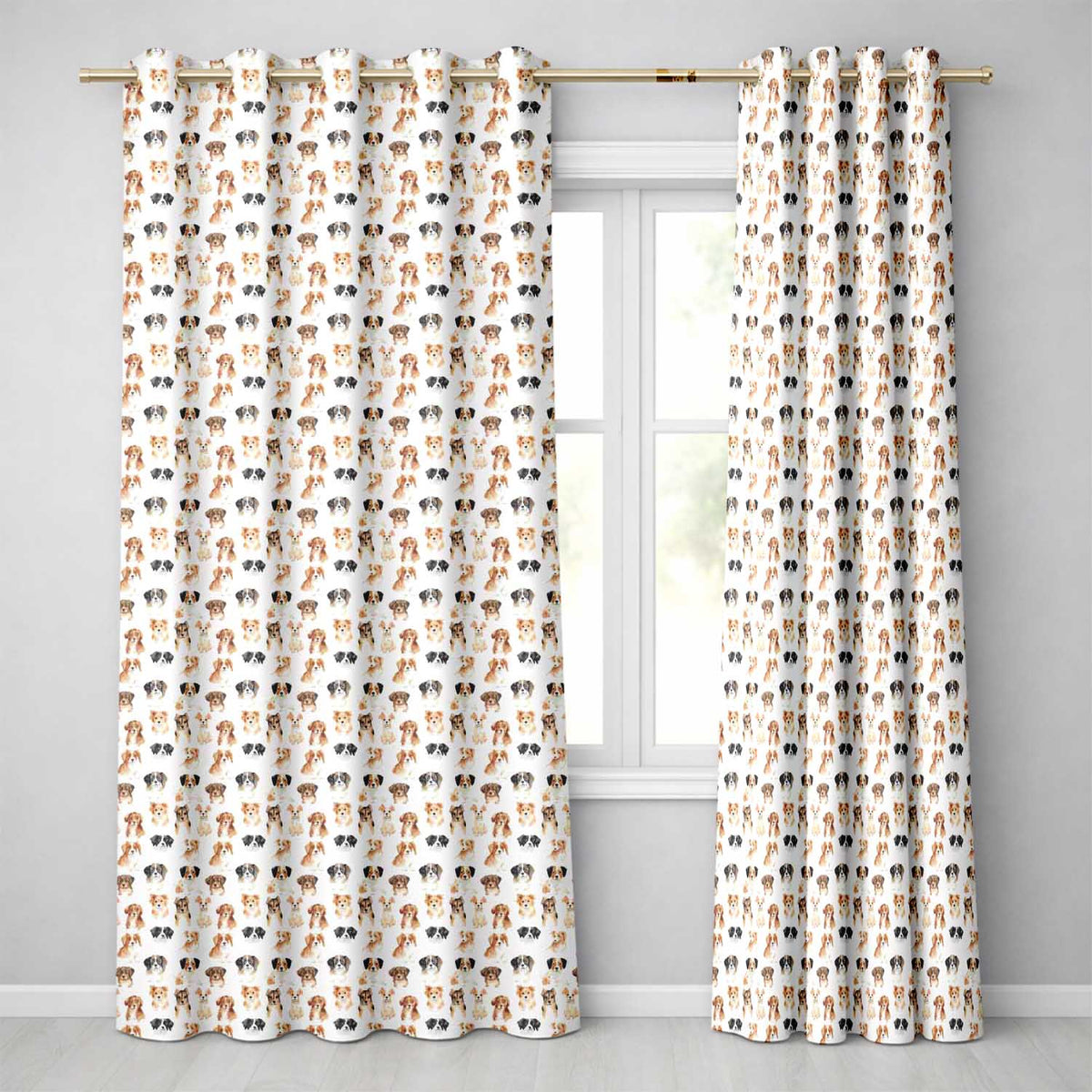 Cute Mixed Breed Dog Portraits on White Seamless Pattern Readymade Eyelet Ring Top Thermal 100% Blackout Curtains