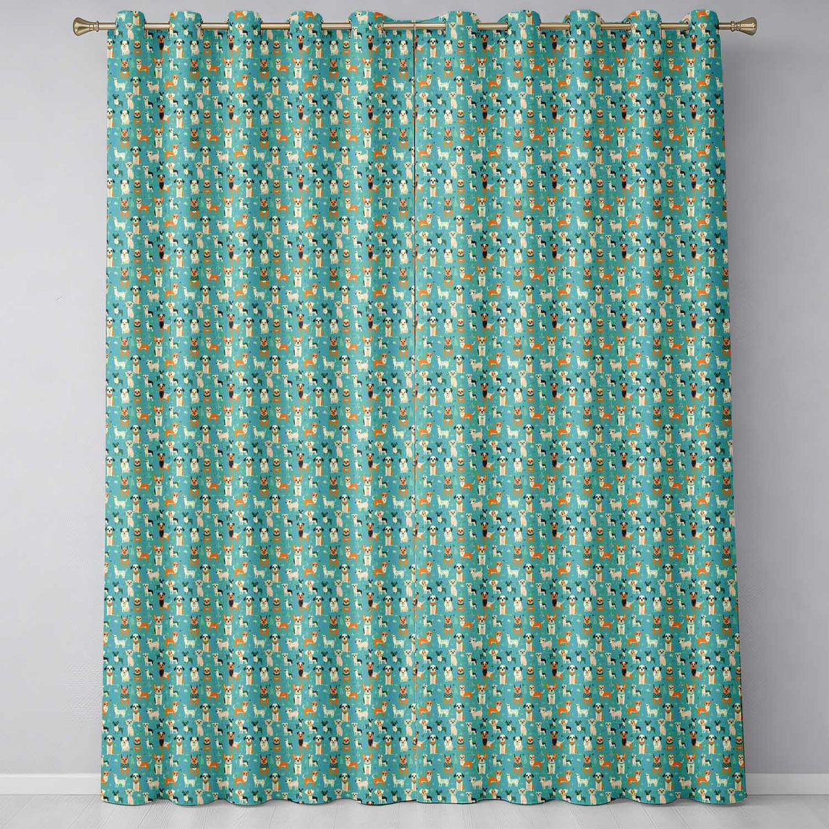 Cute Cartoon Dogs on Teal Background Fun Seamless Pattern Readymade Eyelet Ring Top Thermal 100% Blackout Curtains