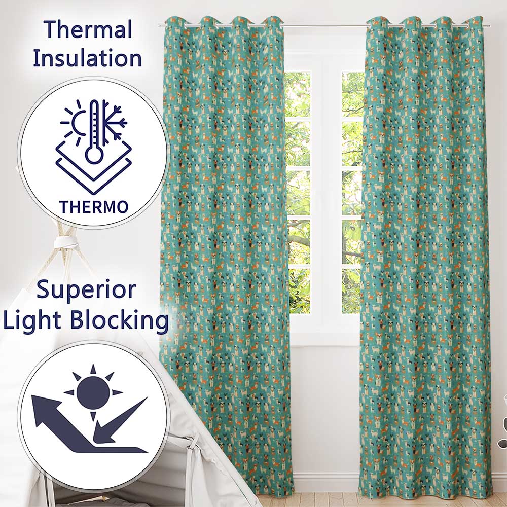 Cute Cartoon Dogs on Teal Background Fun Seamless Pattern Readymade Eyelet Ring Top Thermal 100% Blackout Curtains