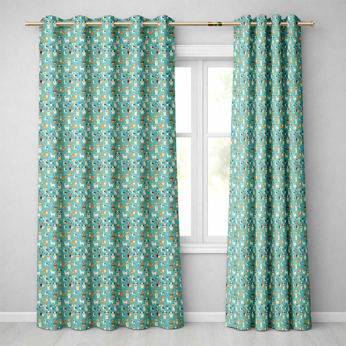 Cute Cartoon Dogs on Teal Background Fun Seamless Pattern Readymade Eyelet Ring Top Thermal 100% Blackout Curtains