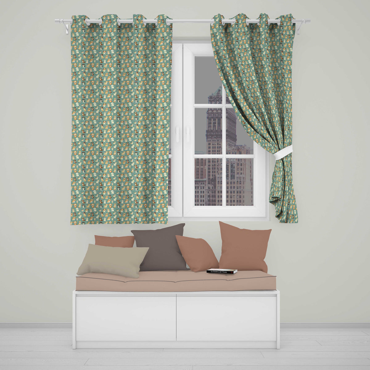 Cute Cartoon Puppy Dogs with Hearts Teal Background Seamless Pattern Readymade Eyelet Ring Top Thermal 100% Blackout Curtains