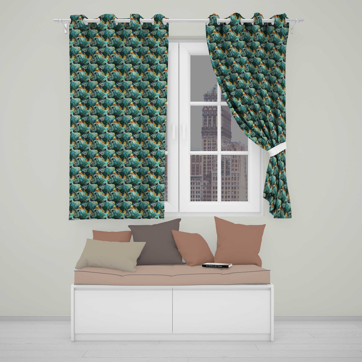Geometric Rhino Animals Abstract Style Seamless Pattern Readymade Eyelet Ring Top Thermal 100% Blackout Curtains