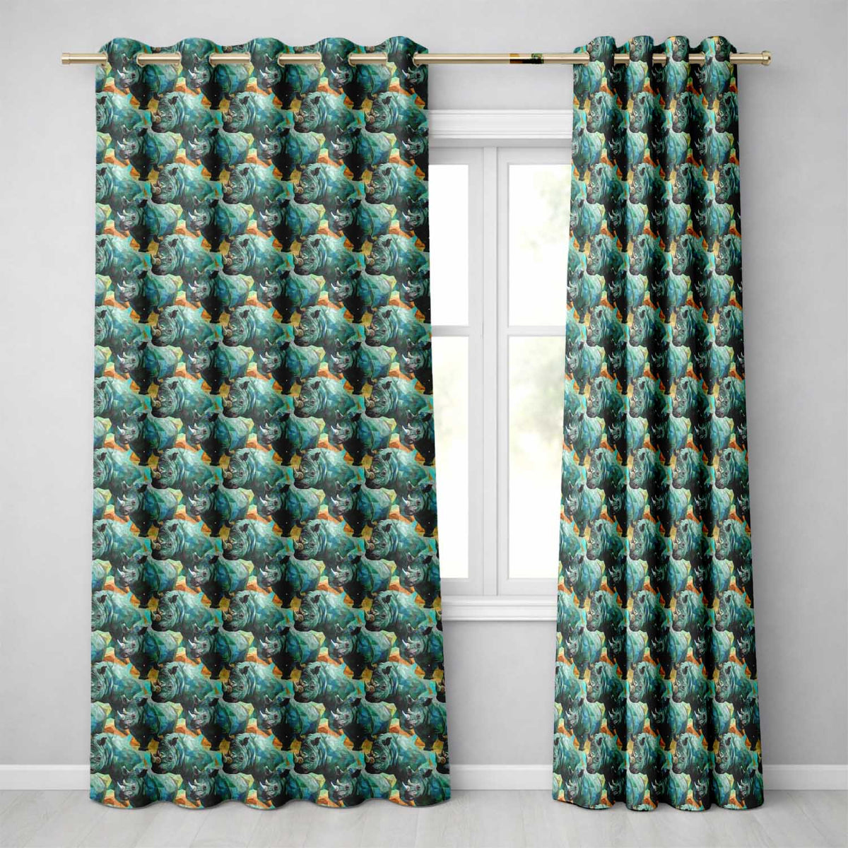 Geometric Rhino Animals Abstract Style Seamless Pattern Readymade Eyelet Ring Top Thermal 100% Blackout Curtains