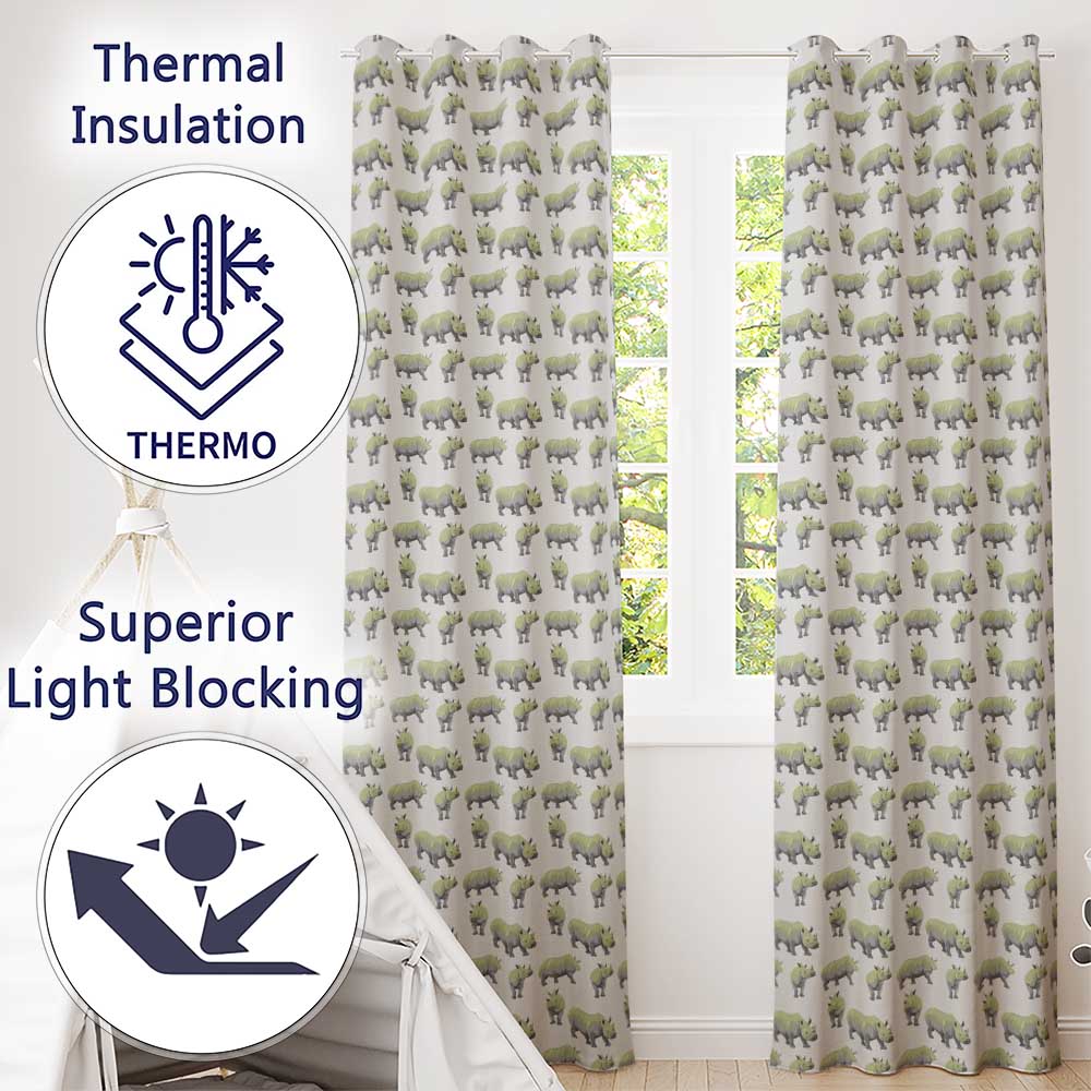 Realistic Rhino Figures on Soft Blue Background Seamless Pattern Readymade Eyelet Ring Top Thermal 100% Blackout Curtains