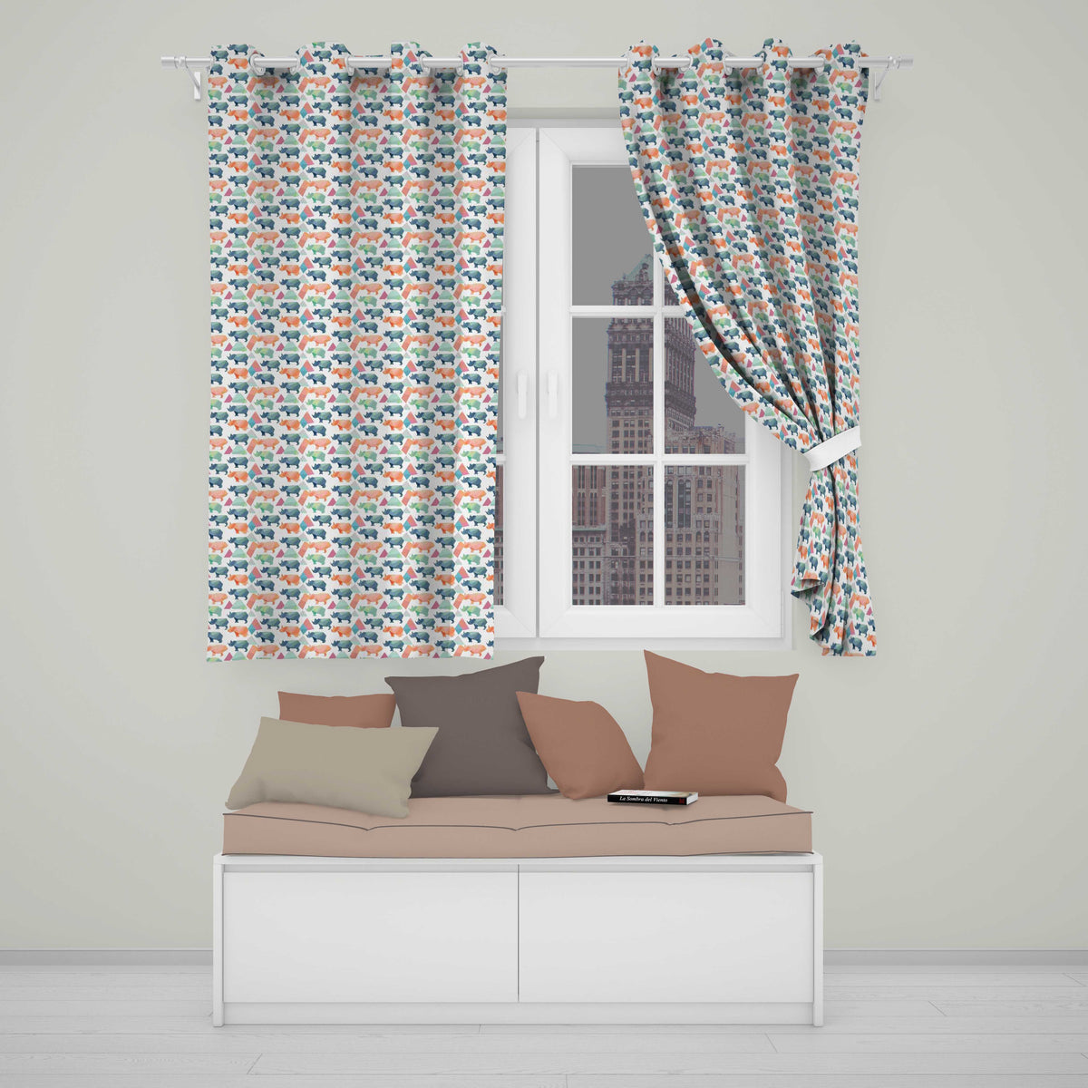 Colorful Geometric Rhino Shapes Seamless Pattern Readymade Eyelet Ring Top Thermal 100% Blackout Curtains