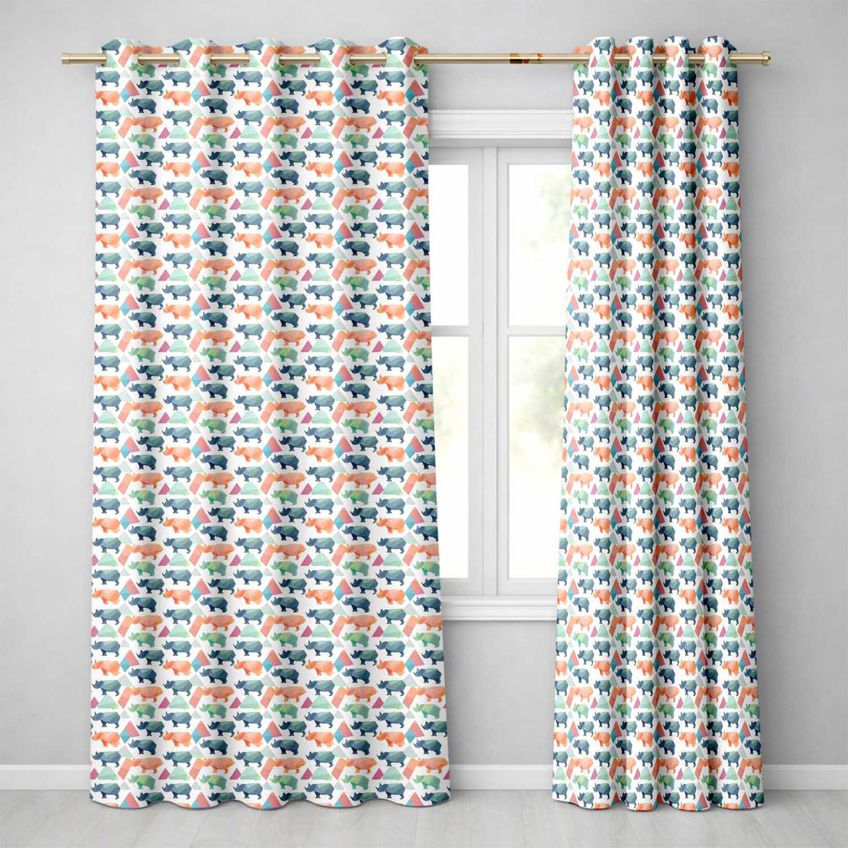 Colorful Geometric Rhino Shapes Seamless Pattern Readymade Eyelet Ring Top Thermal 100% Blackout Curtains