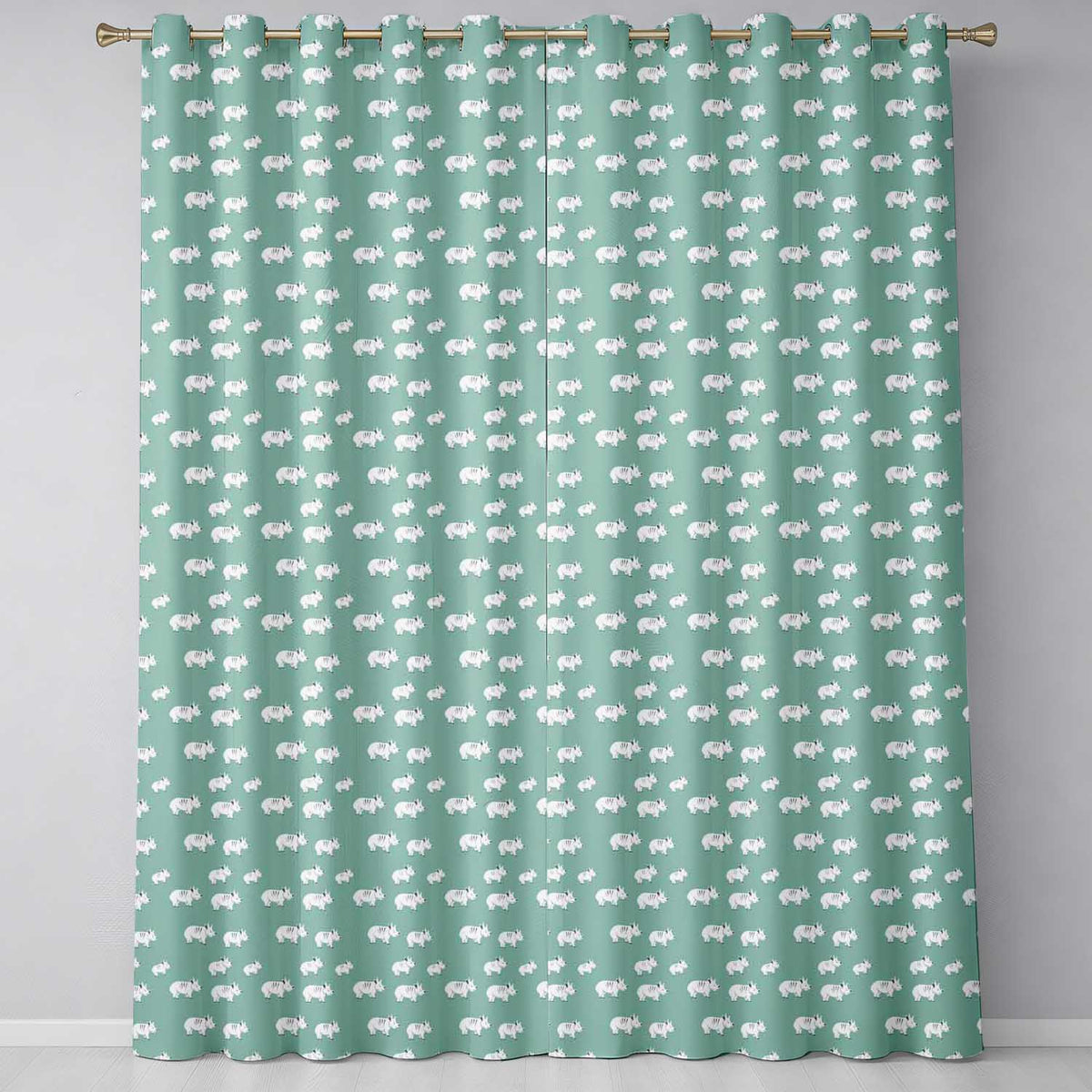Minimal White Rhino on Teal Background Seamless Pattern Readymade Eyelet Ring Top Thermal 100% Blackout Curtains