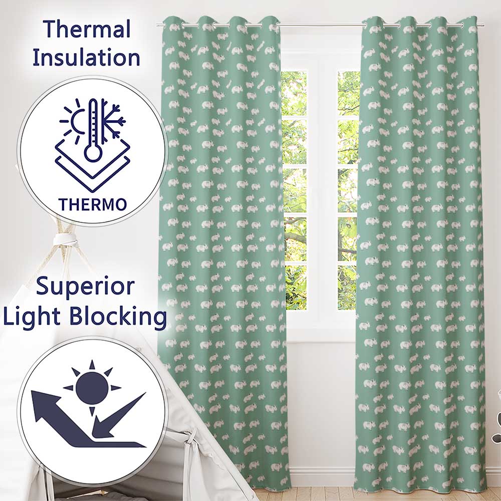 Minimal White Rhino on Teal Background Seamless Pattern Readymade Eyelet Ring Top Thermal 100% Blackout Curtains