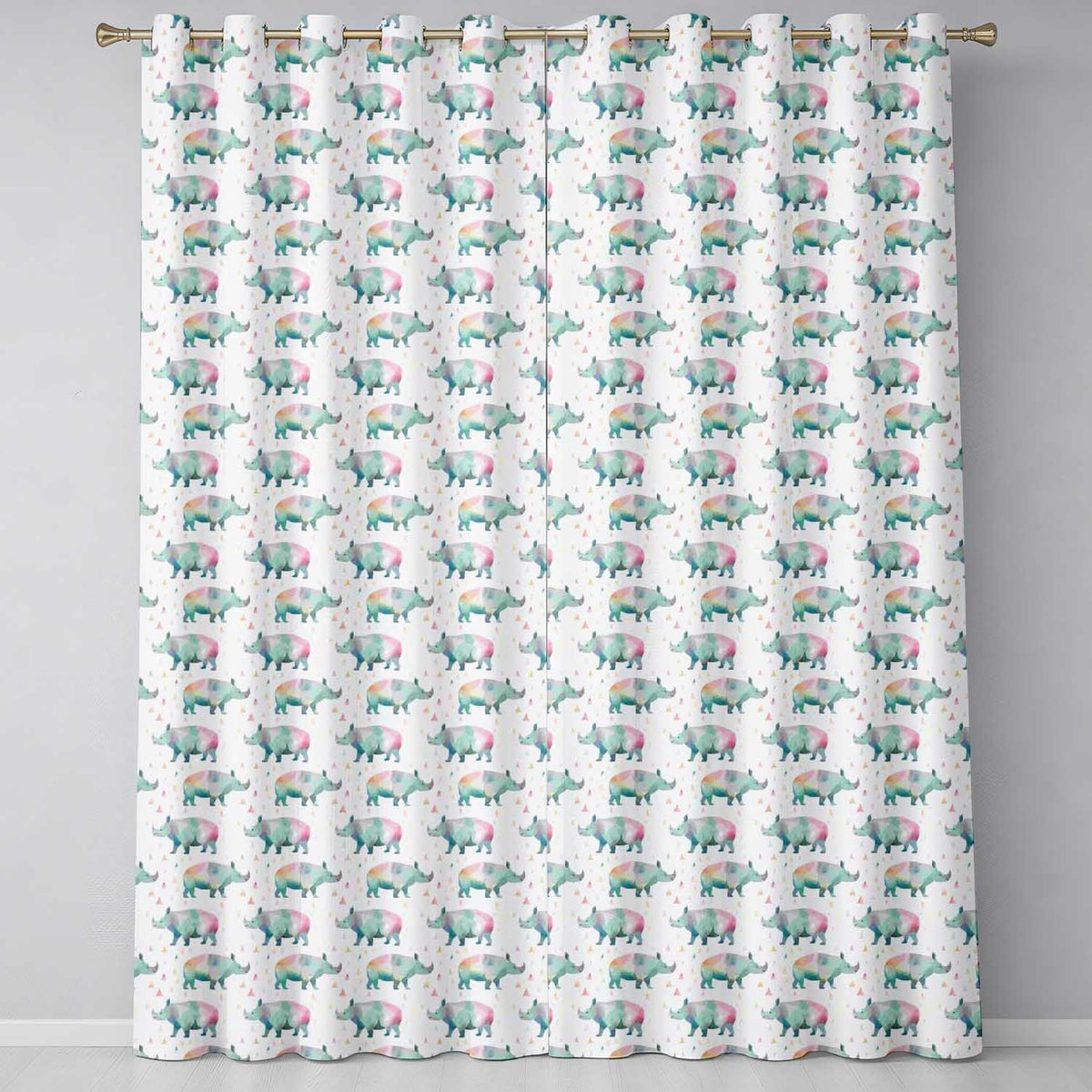 Pastel Watercolor Rhino with Colorful Triangle Background Seamless Pattern Readymade Eyelet Ring Top Thermal 100% Blackout Curtains