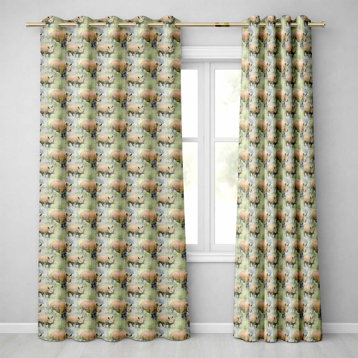 Vintage Textured Rhino Illustration in Earthy Tones Seamless Pattern Readymade Eyelet Ring Top Thermal 100% Blackout Curtains