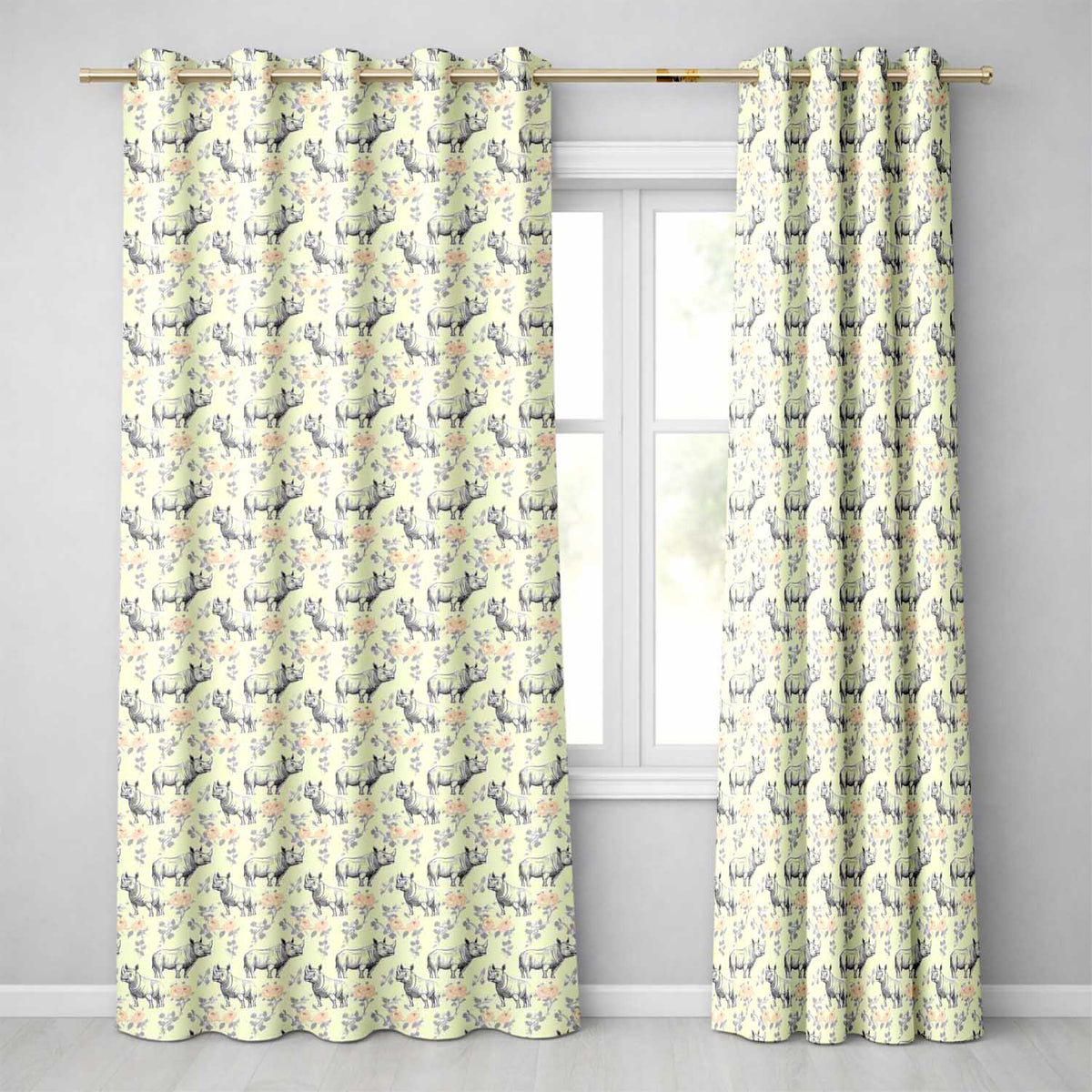 Classic Rhino Sketch with Floral Rose Details Seamless Pattern Readymade Eyelet Ring Top Thermal 100% Blackout Curtains