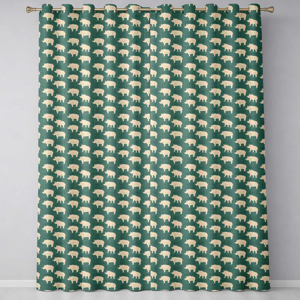 Minimal Beige Rhino Silhouette on Green Grass Background Seamless Pattern Readymade Eyelet Ring Top Thermal 100% Blackout Curtains