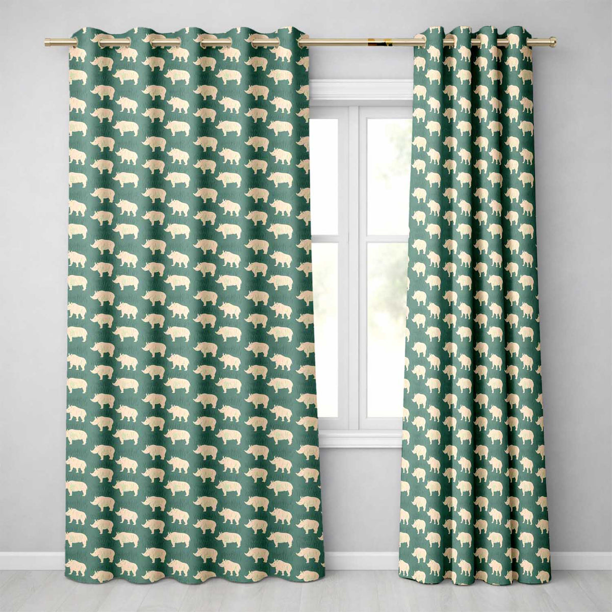 Minimal Beige Rhino Silhouette on Green Grass Background Seamless Pattern Readymade Eyelet Ring Top Thermal 100% Blackout Curtains
