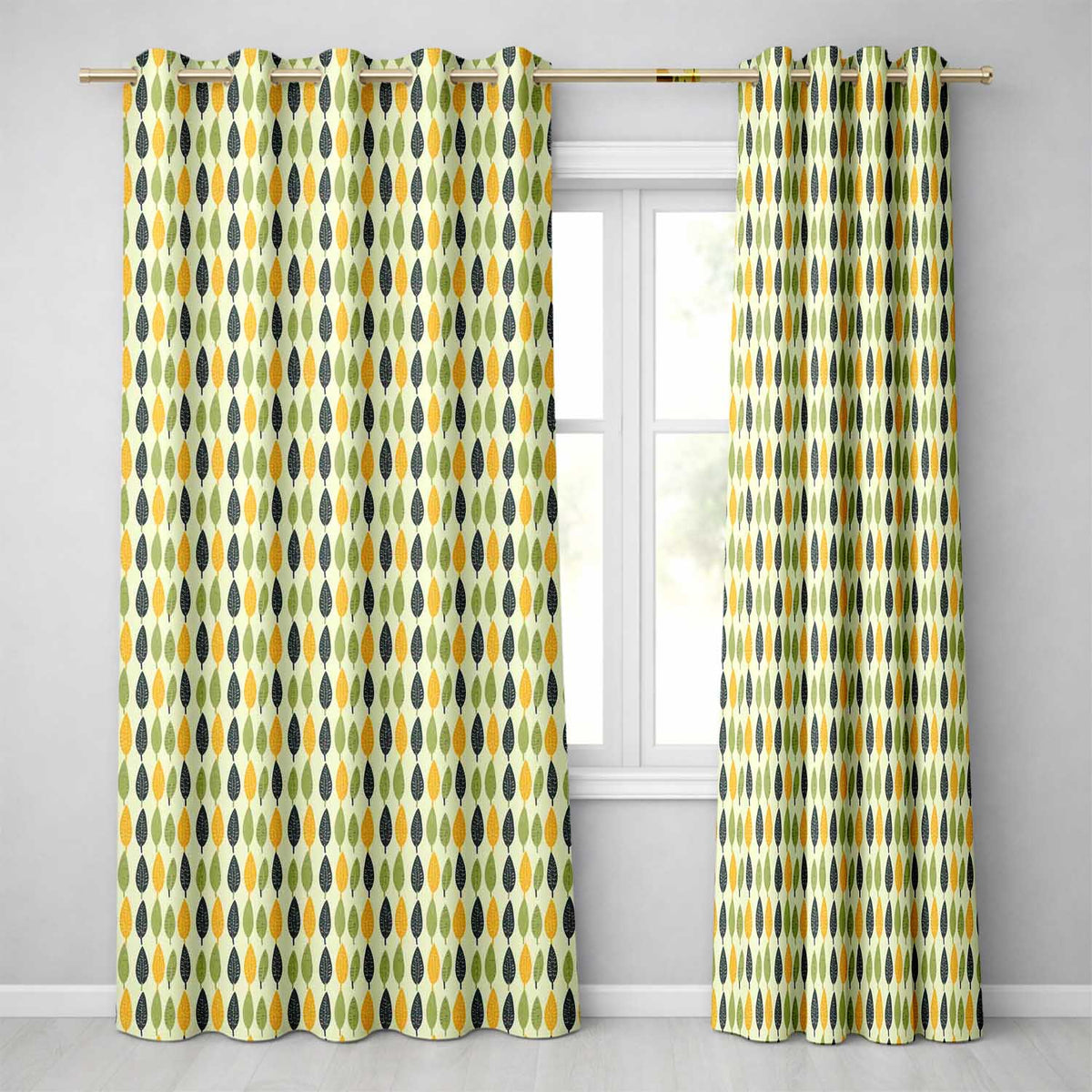 Minimal Leaf Pattern in Green and Mustard Tones Seamless Pattern Readymade Eyelet Ring Top Thermal 100% Blackout Curtains