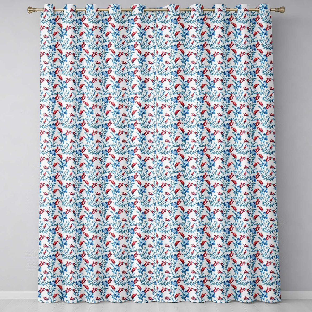 Elegant Blue Floral Vines with Red Accents Seamless Pattern Readymade Eyelet Ring Top Thermal 100% Blackout Curtains