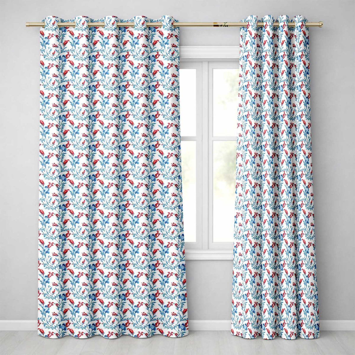 Elegant Blue Floral Vines with Red Accents Seamless Pattern Readymade Eyelet Ring Top Thermal 100% Blackout Curtains