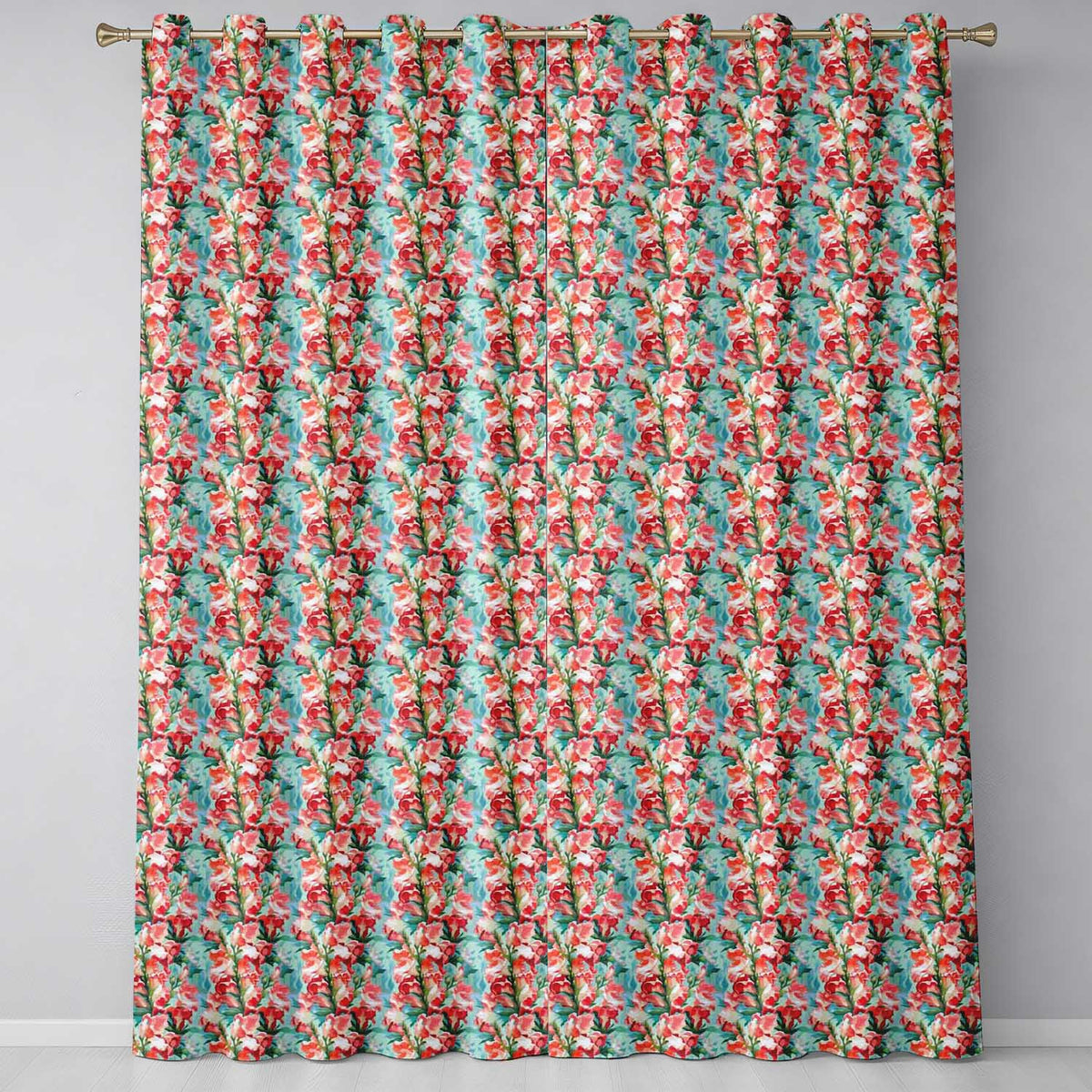 Painterly Red and White Floral Blooms on Teal Background Seamless Pattern Readymade Eyelet Ring Top Thermal 100% Blackout Curtains