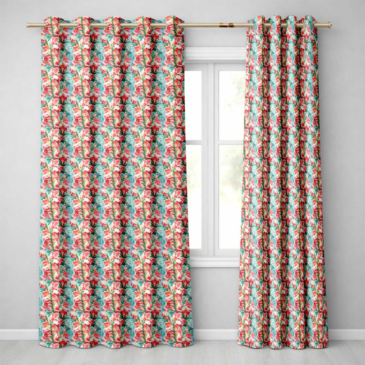 Painterly Red and White Floral Blooms on Teal Background Seamless Pattern Readymade Eyelet Ring Top Thermal 100% Blackout Curtains