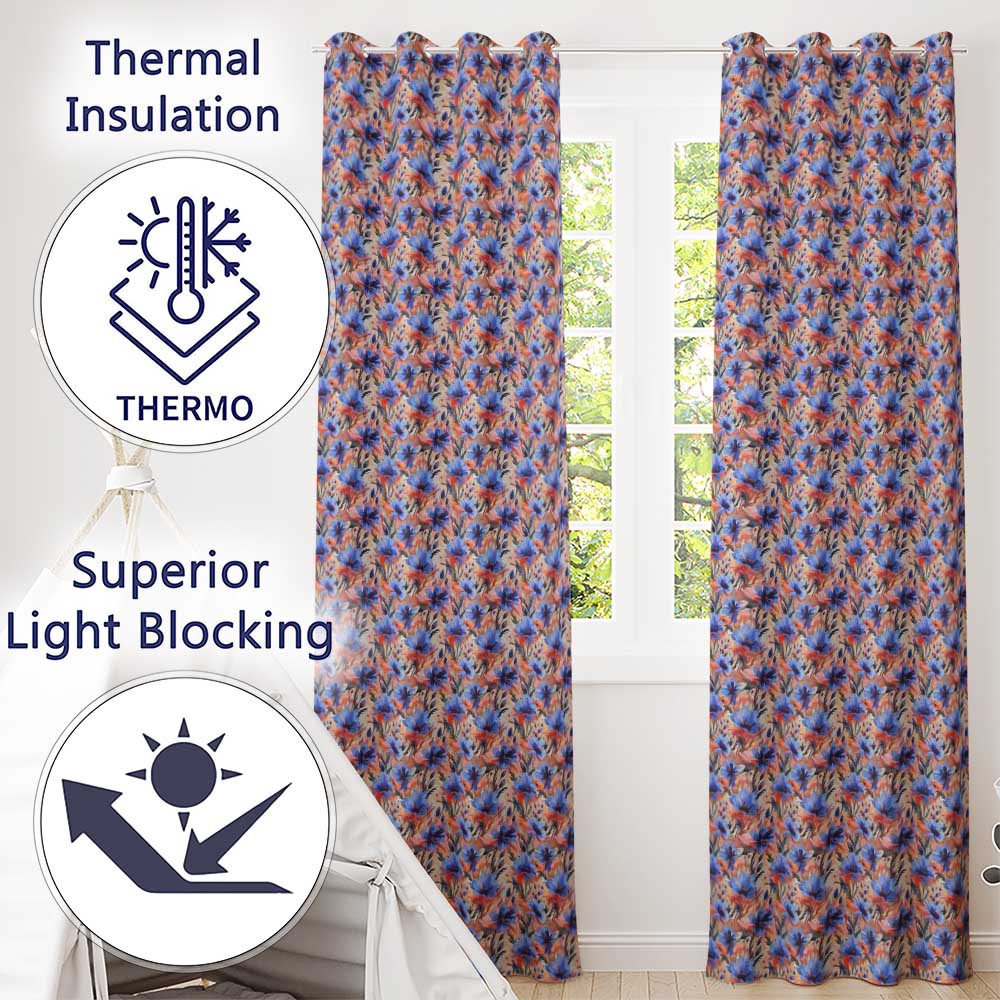 Bold Painterly Blue and Coral Flowers Seamless Pattern Readymade Eyelet Ring Top Thermal 100% Blackout Curtains