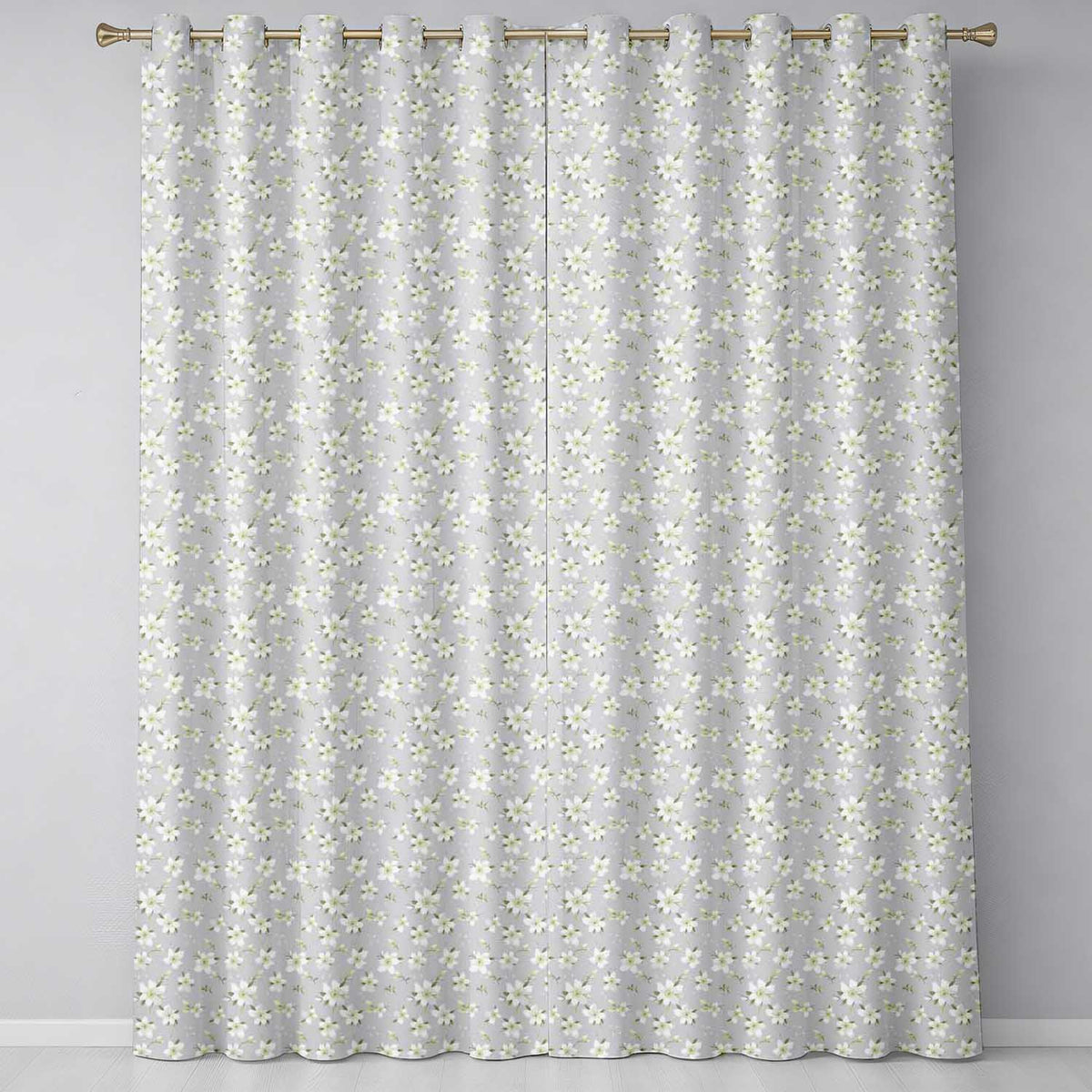 Delicate White Blossom Flowers on Soft Blue Seamless Pattern Readymade Eyelet Ring Top Thermal 100% Blackout Curtains
