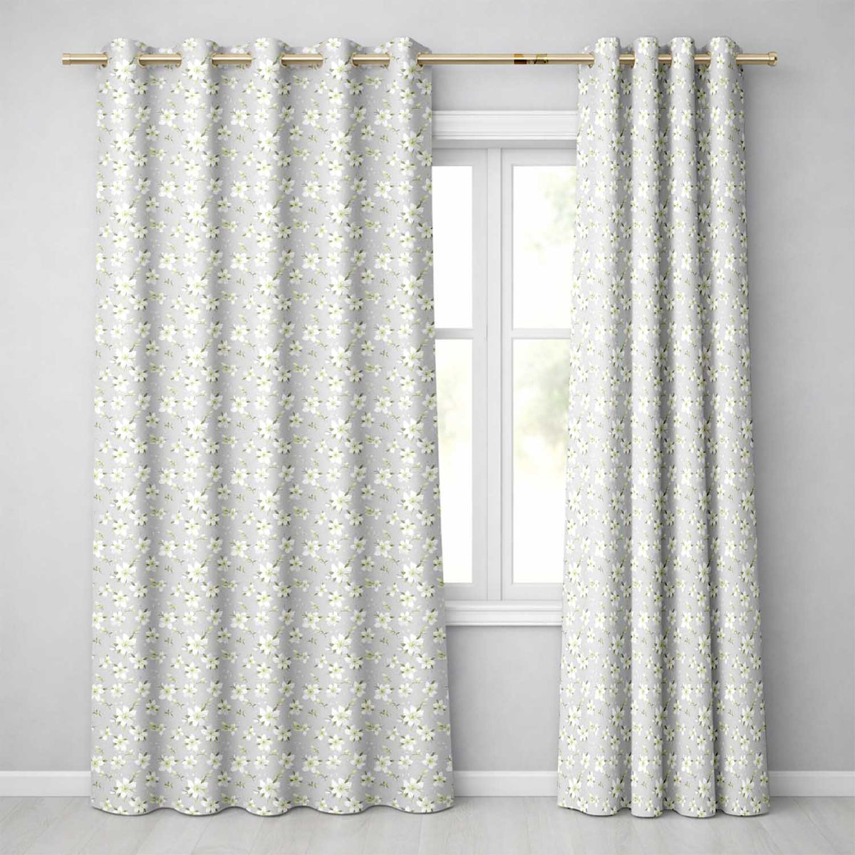 Delicate White Blossom Flowers on Soft Blue Seamless Pattern Readymade Eyelet Ring Top Thermal 100% Blackout Curtains