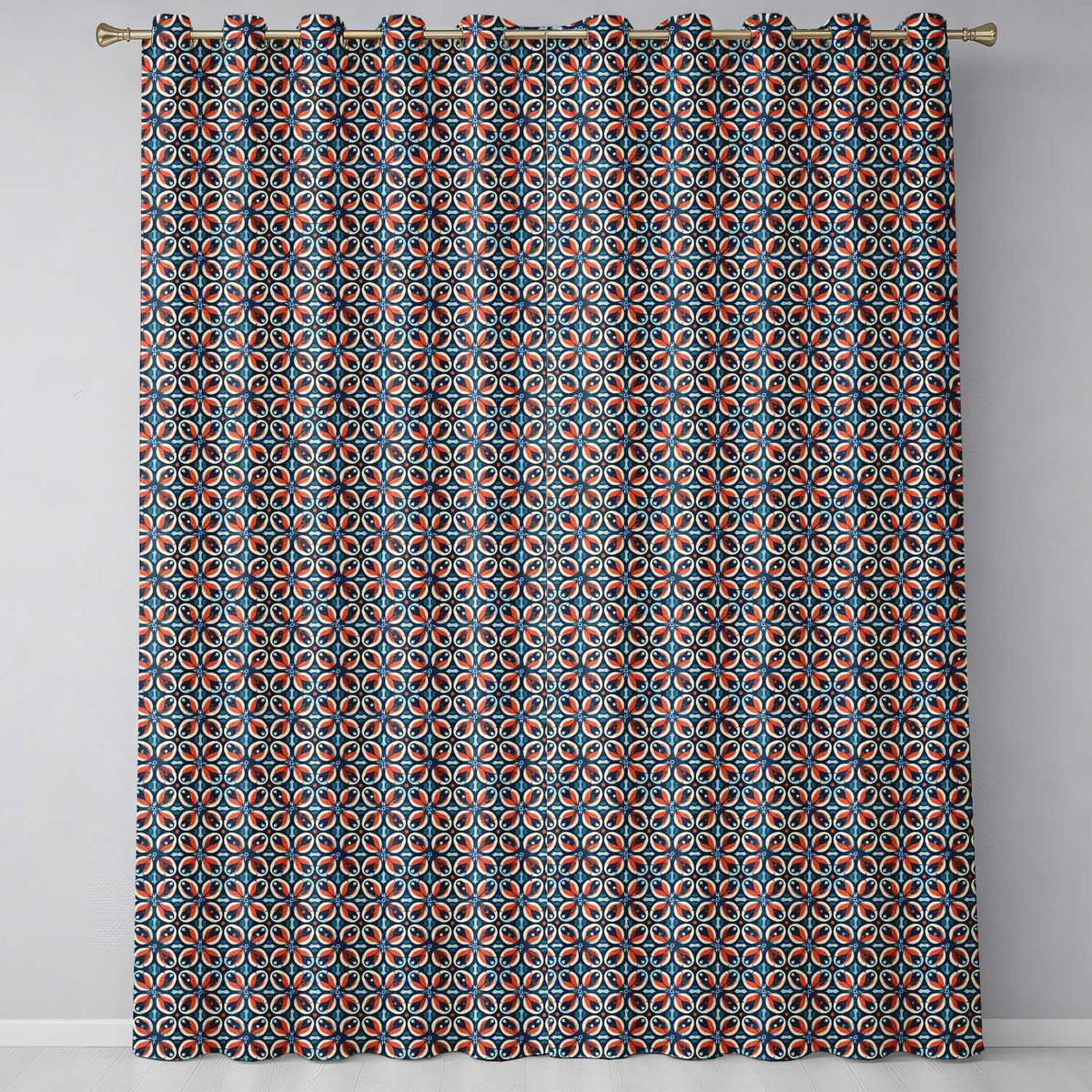 Geometric Floral Tile in Coral and Navy Seamless Pattern Readymade Eyelet Ring Top Thermal 100% Blackout Curtains