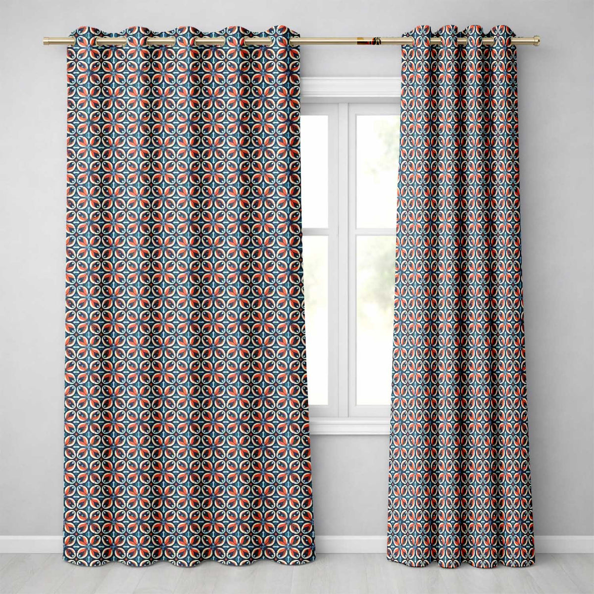 Geometric Floral Tile in Coral and Navy Seamless Pattern Readymade Eyelet Ring Top Thermal 100% Blackout Curtains
