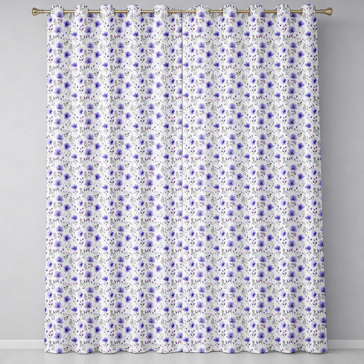 Purple Wildflowers and Delicate Botanical Stems Seamless Pattern Readymade Eyelet Ring Top Thermal 100% Blackout Curtains