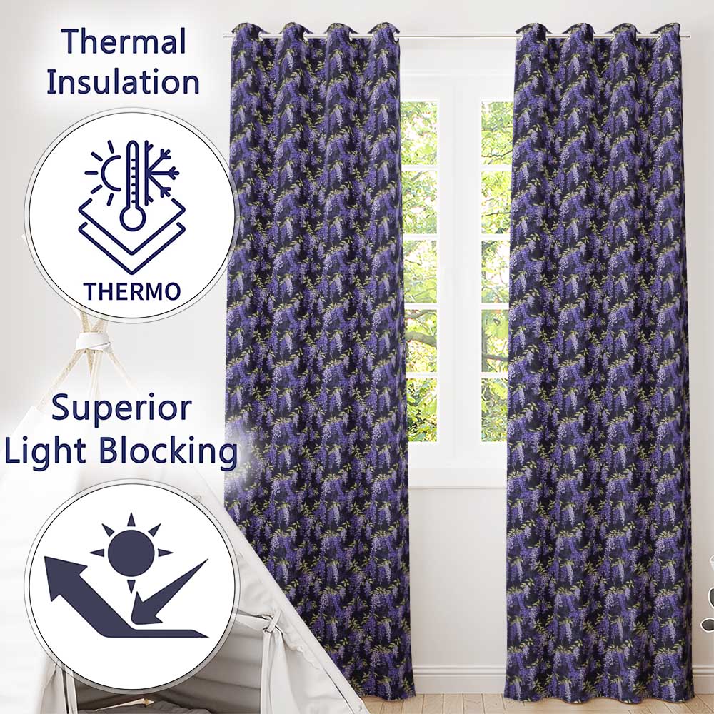 Rich Purple Wisteria on Dark Background Floral Seamless Pattern Readymade Eyelet Ring Top Thermal 100% Blackout Curtains