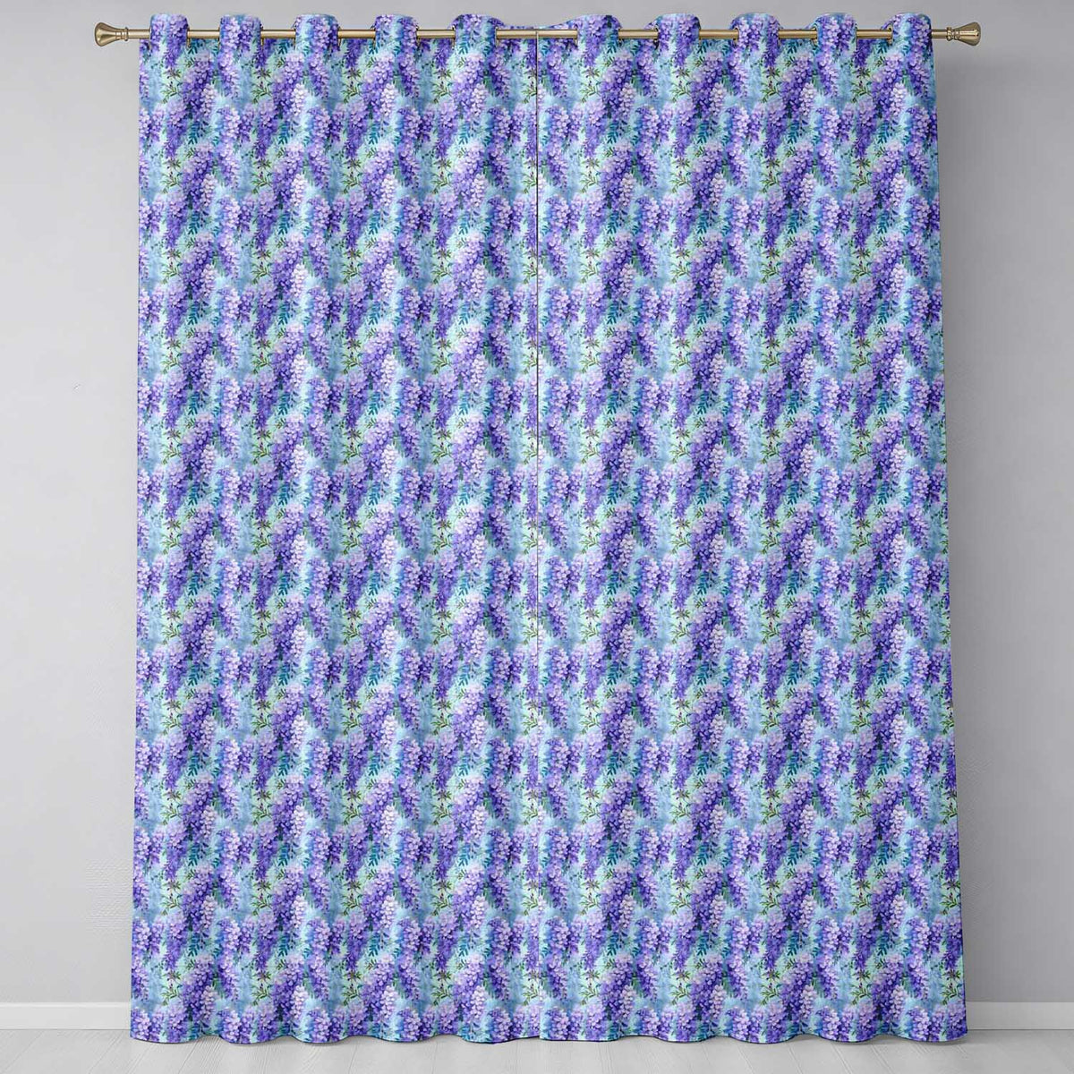 Soft Blue Background Purple Wisteria Floral Cascading Blossoms Seamless Pattern Readymade Eyelet Ring Top Thermal 100% Blackout Curtains