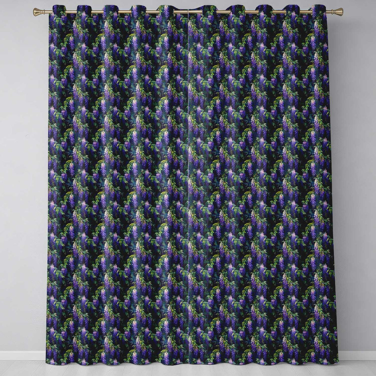 Dark Botanical Wisteria with Green Leaves Rich Seamless Pattern Readymade Eyelet Ring Top Thermal 100% Blackout Curtains