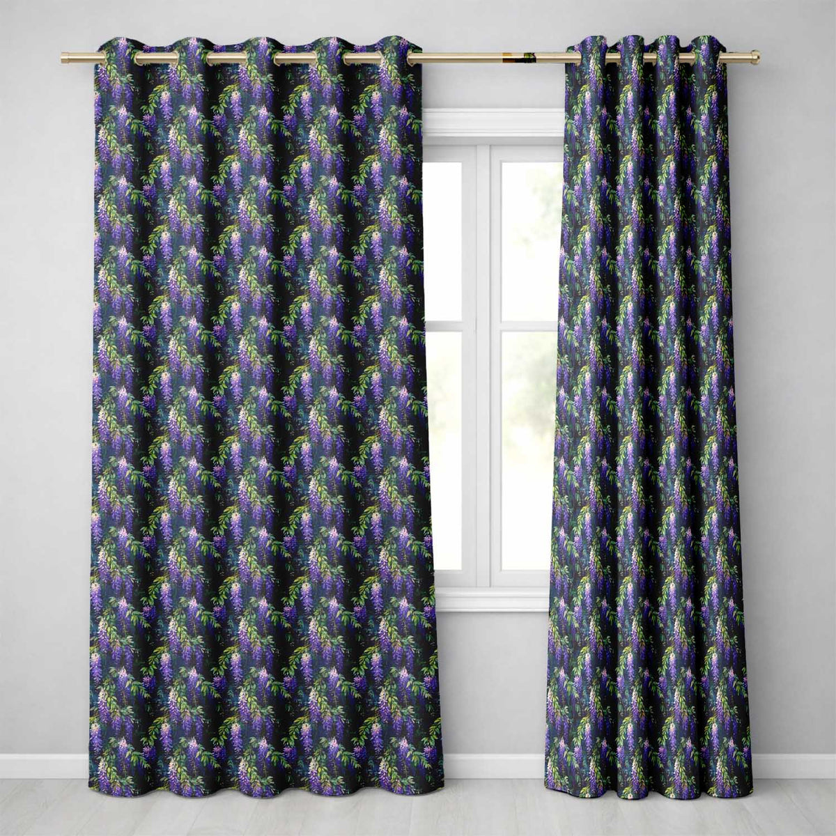 Dark Botanical Wisteria with Green Leaves Rich Seamless Pattern Readymade Eyelet Ring Top Thermal 100% Blackout Curtains