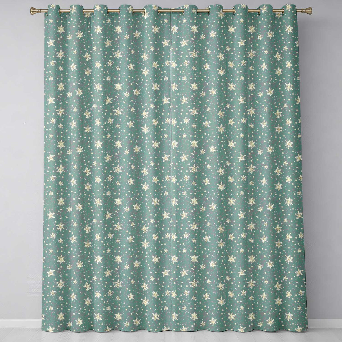 Muted Green Background Snowflake Floral Winter Seamless Pattern Readymade Eyelet Ring Top Thermal 100% Blackout Curtains
